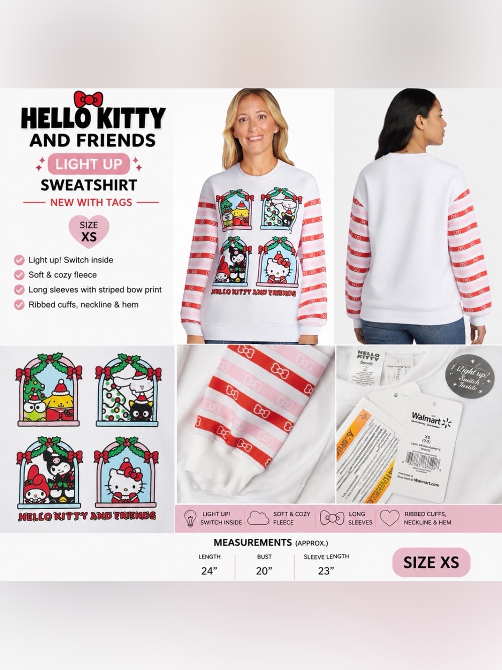 NWT Hello Kitty and Friends Christmas Light-Up Sweatshirt Women’s XS White